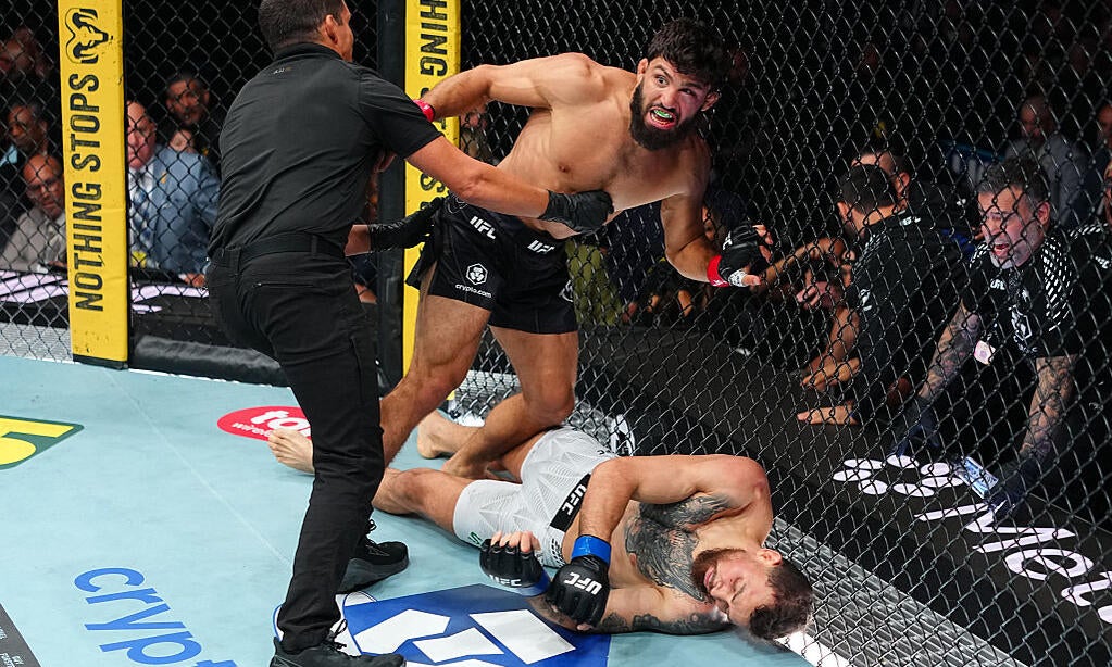 Arman Tsarukyan celebrates his knockout of Mauricio Ruffy at UFC 331