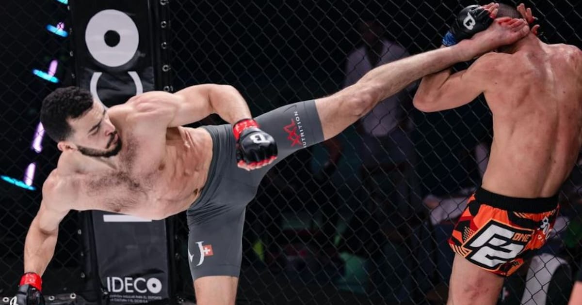 Ilias Bulaid lands a high kick during an MMA bout