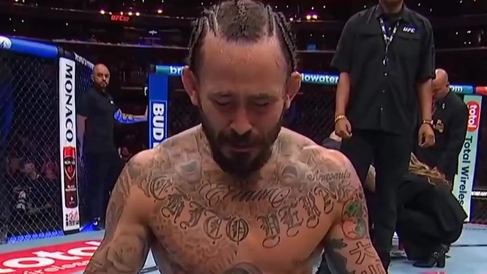 Marlon Vera reacts in his Octagon interview after stopping Charles Jourdain at UFC 331