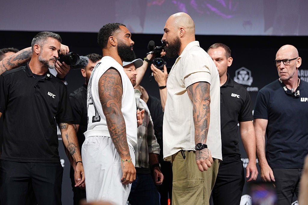 Gable Steveson and Sean Sharaf face off during the UFC 331 press conference
