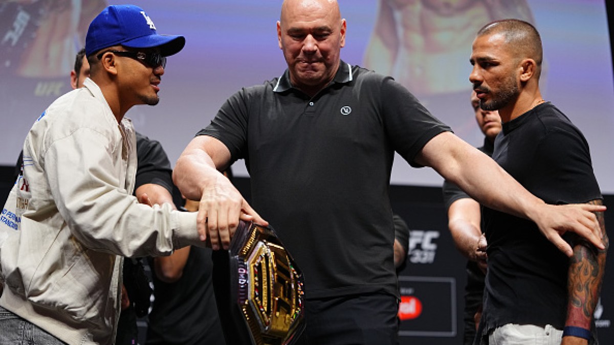 Joshua Van and Alexandre Pantoja face off at the August 2026 UFC 331 press conference