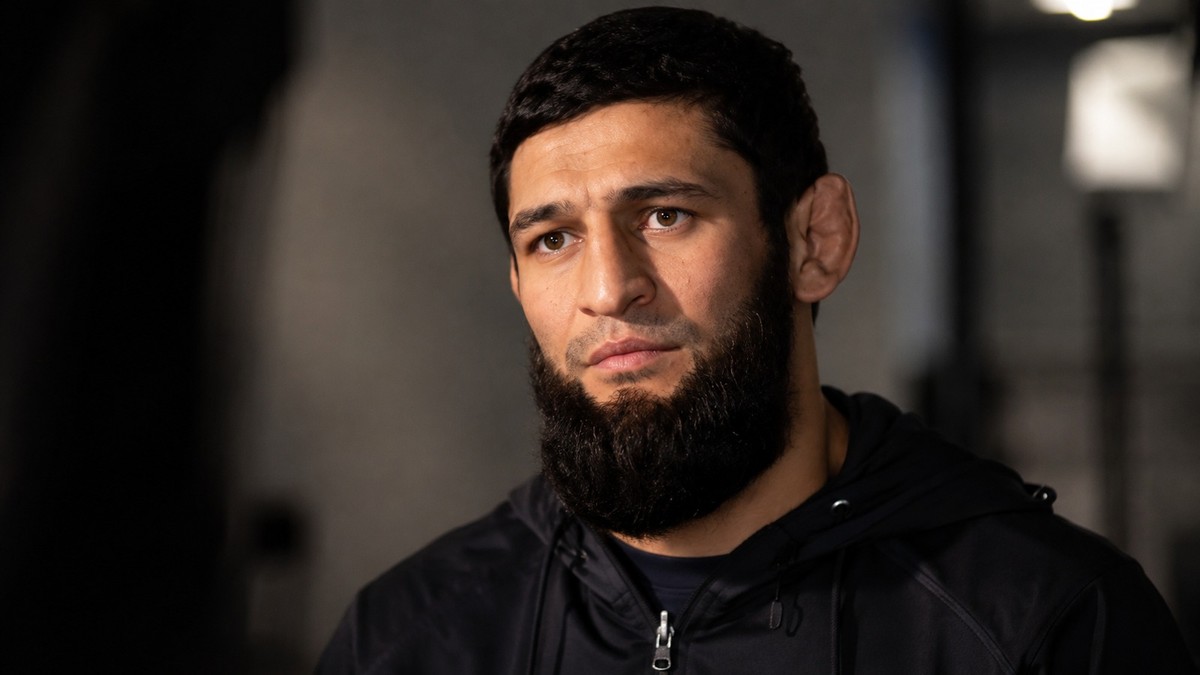 Khamzat Chimaev in a black hoodie during an interview