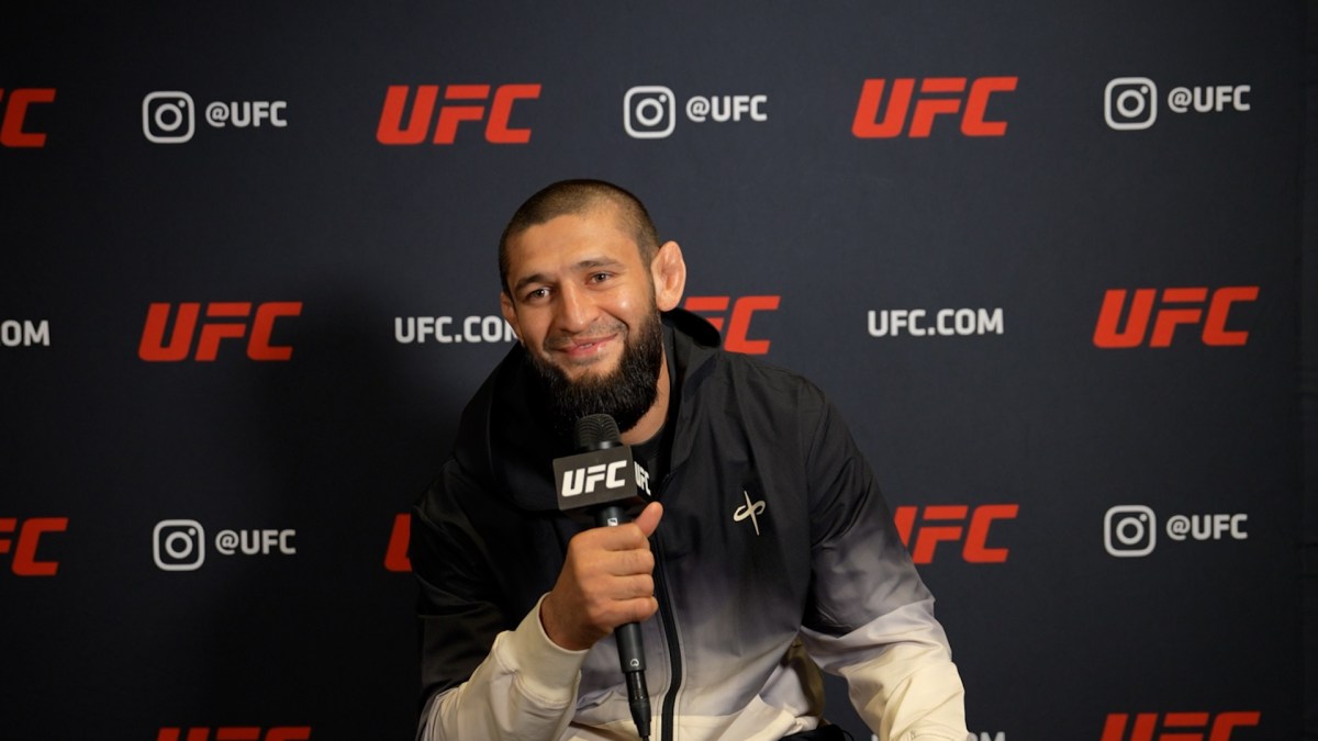 Khamzat Chimaev during a UFC 328 fight-week interview