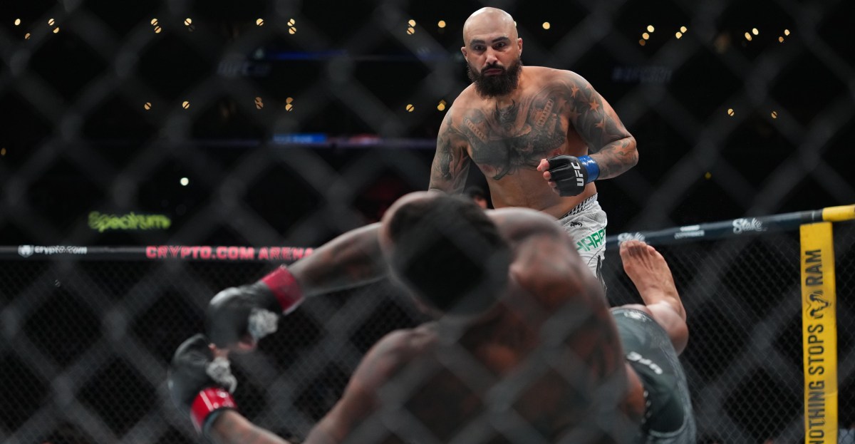 Sean Sharaf watches Gable Steveson fall after his knockout punch at UFC 331